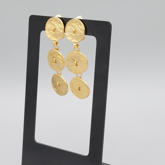 Womens Gold Tone Shiny Three Coin Fashion Dangle Clip On Earrings 2 1/2 in - Picture 4 of 6